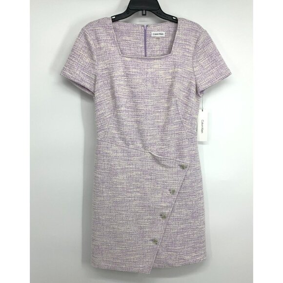 Calvin Klein Dress Purple Tweed Faux Wrap Button Short Sleeve NWT - Picture 3 of 14